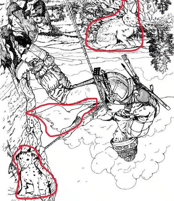 Illustration détaillée montrant les animaux cachés dans le paysage