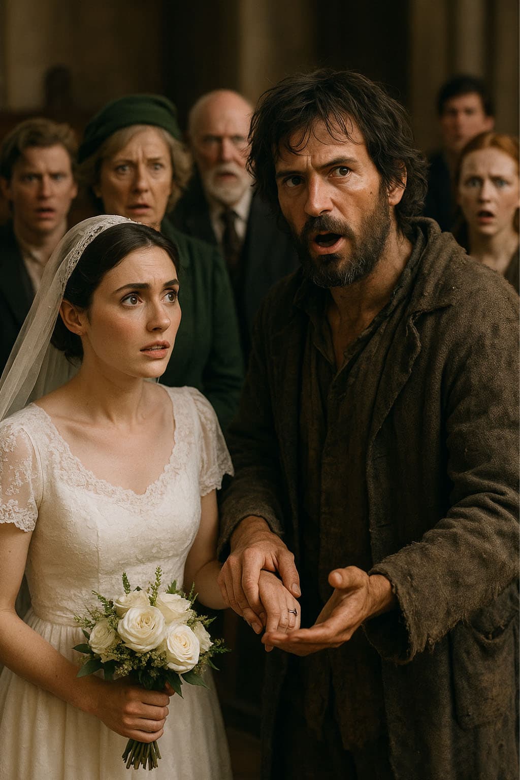 Une jeune femme en robe de mariée, l'air triste, dans une église