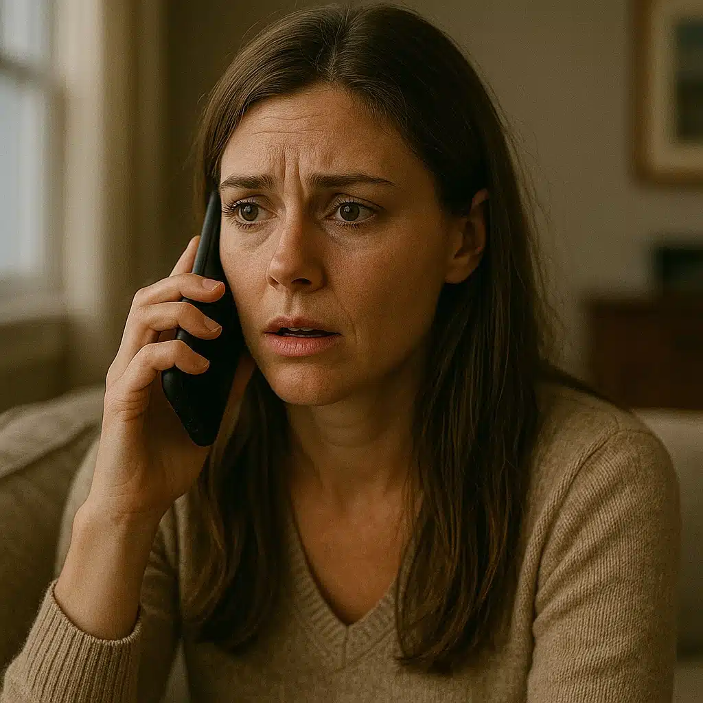 Femme au téléphone, expression choquée