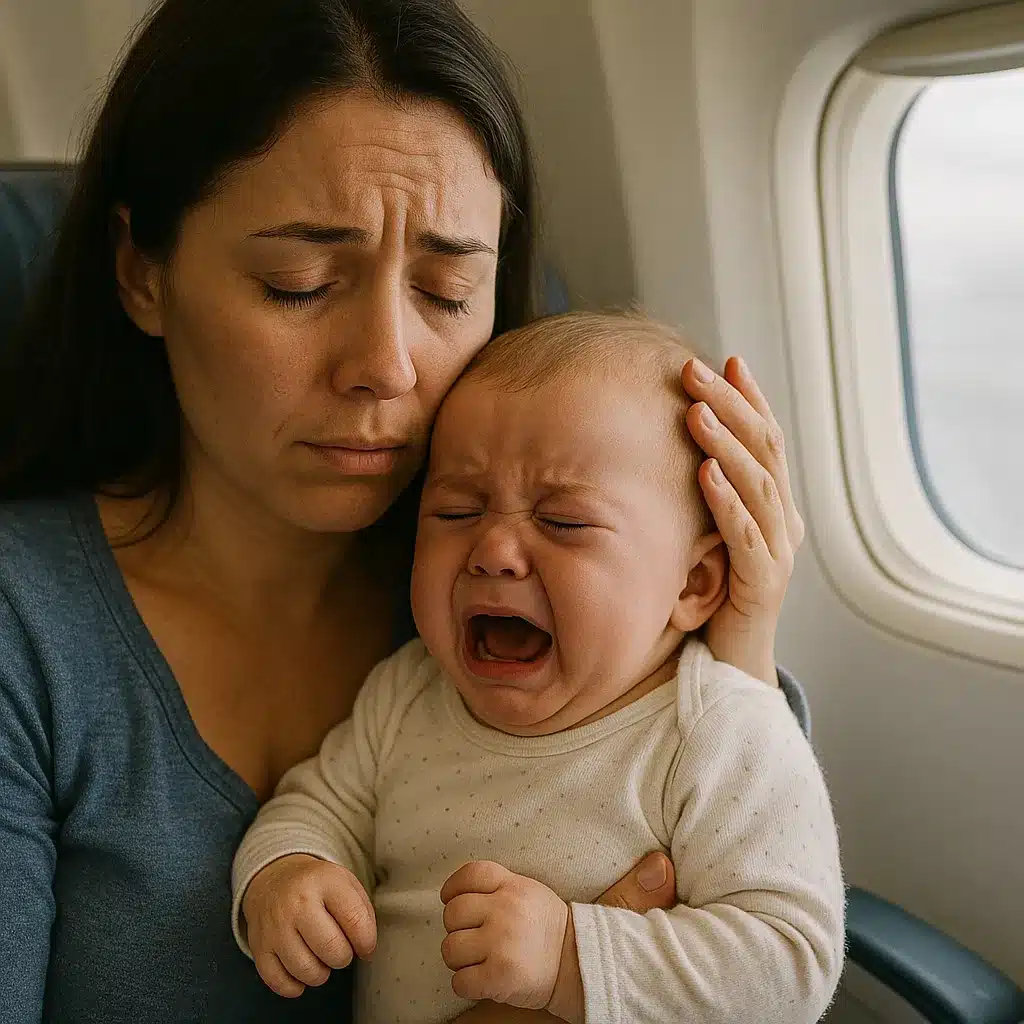 Jeune mère tenant son bébé dans un avion