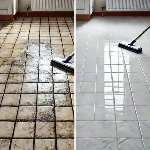 Femme nettoyant son sol avec une serpillière
