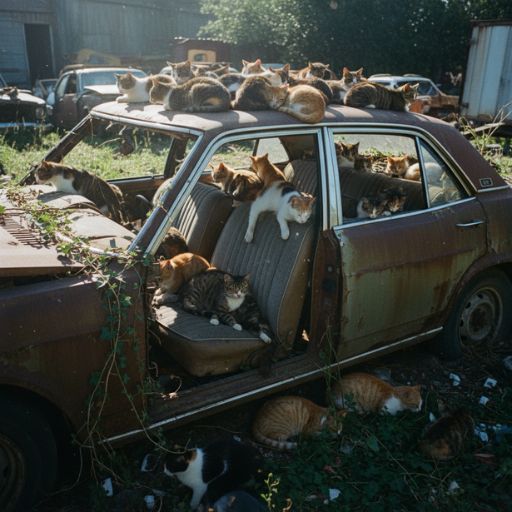 Chats installés dans une voiture abandonnée