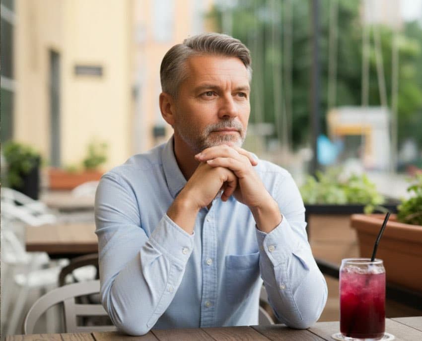 Illustration d'un couple d'âge mûr dans une cuisine, semblant légèrement tendu.