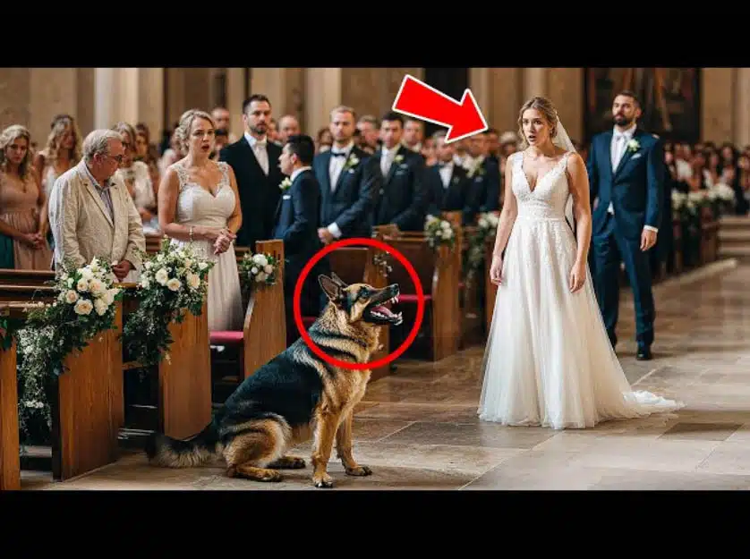 Mariée et son berger allemand devant l'autel