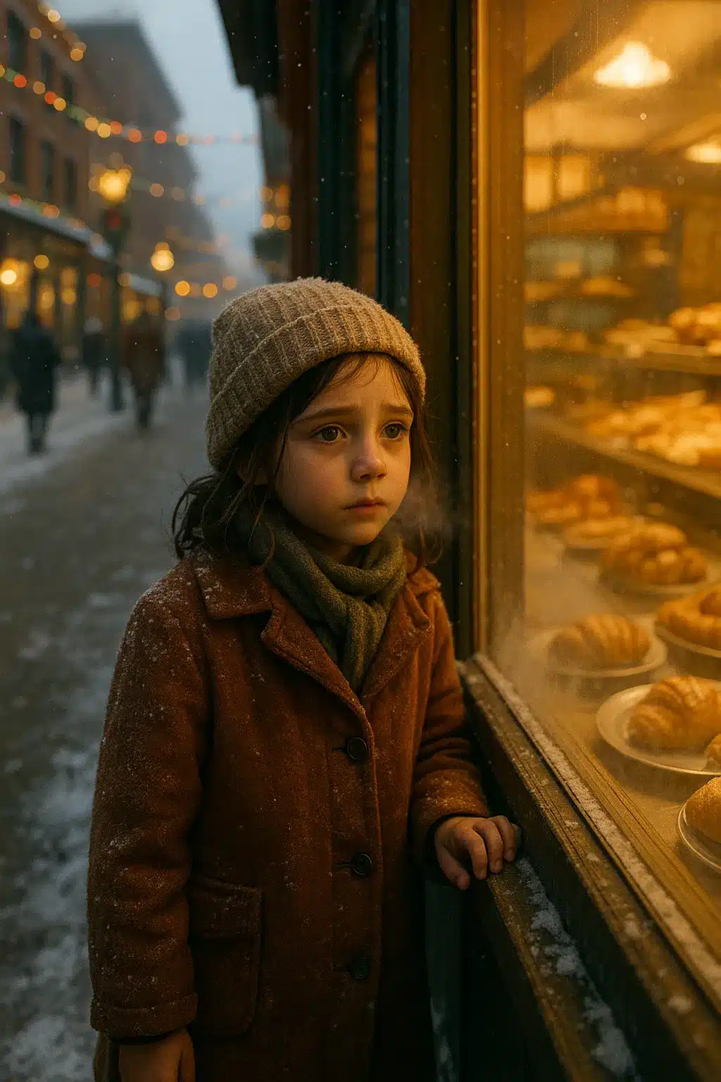 Fillette seule devant une vitrine enneigée