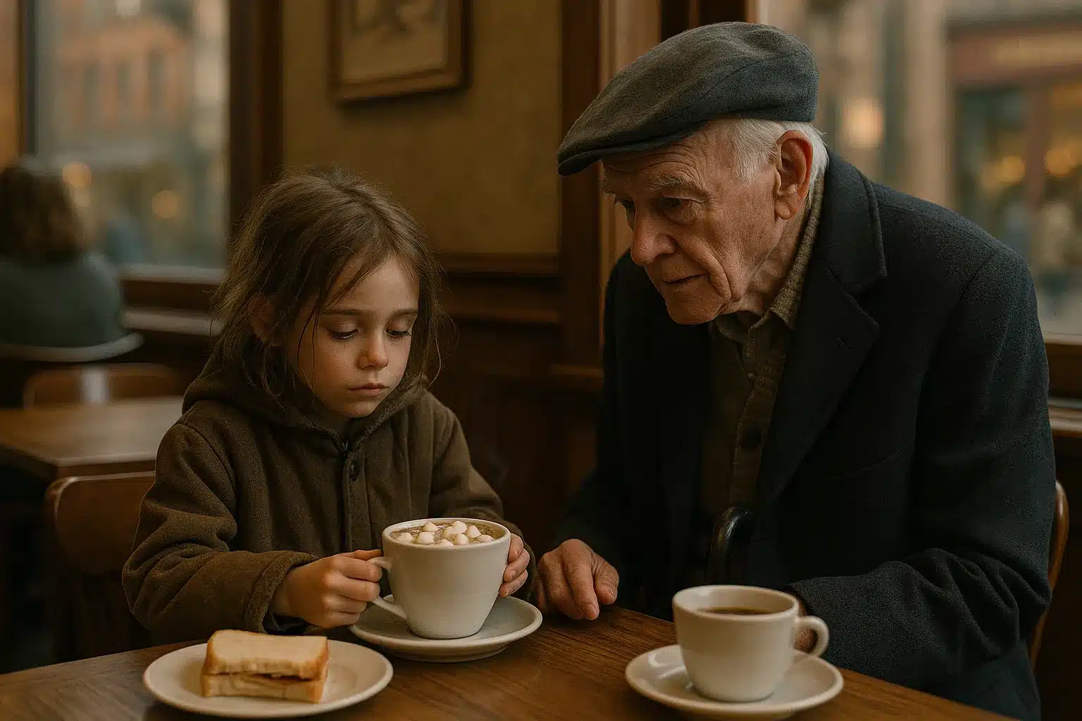 Enfant et vieil homme partageant un repas