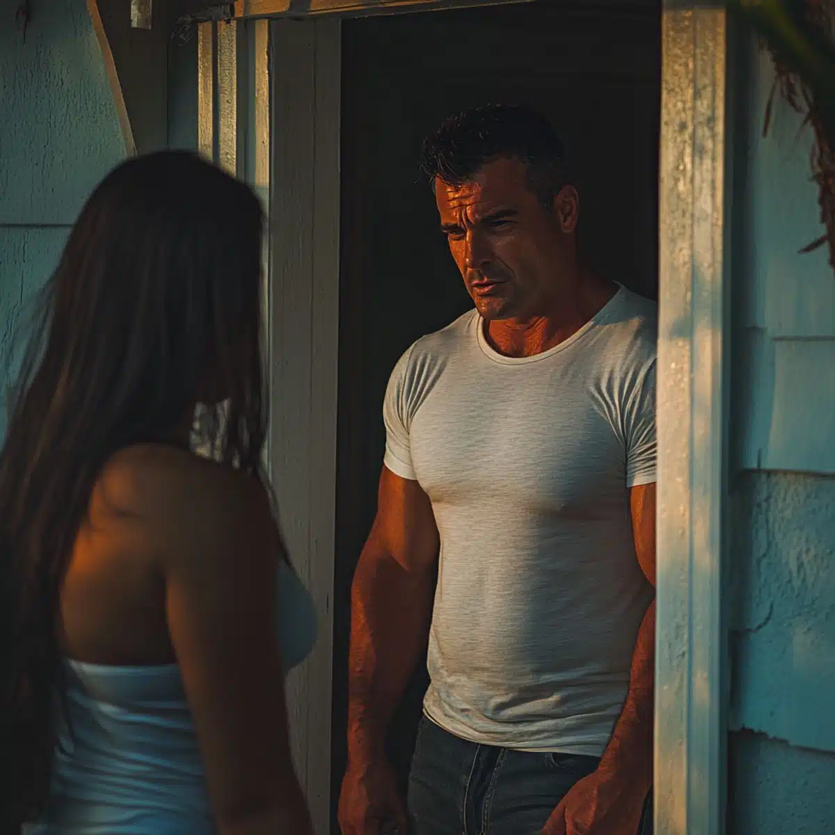 Porte d'entrée, vue de l'intérieur, avec une silhouette derrière la vitre