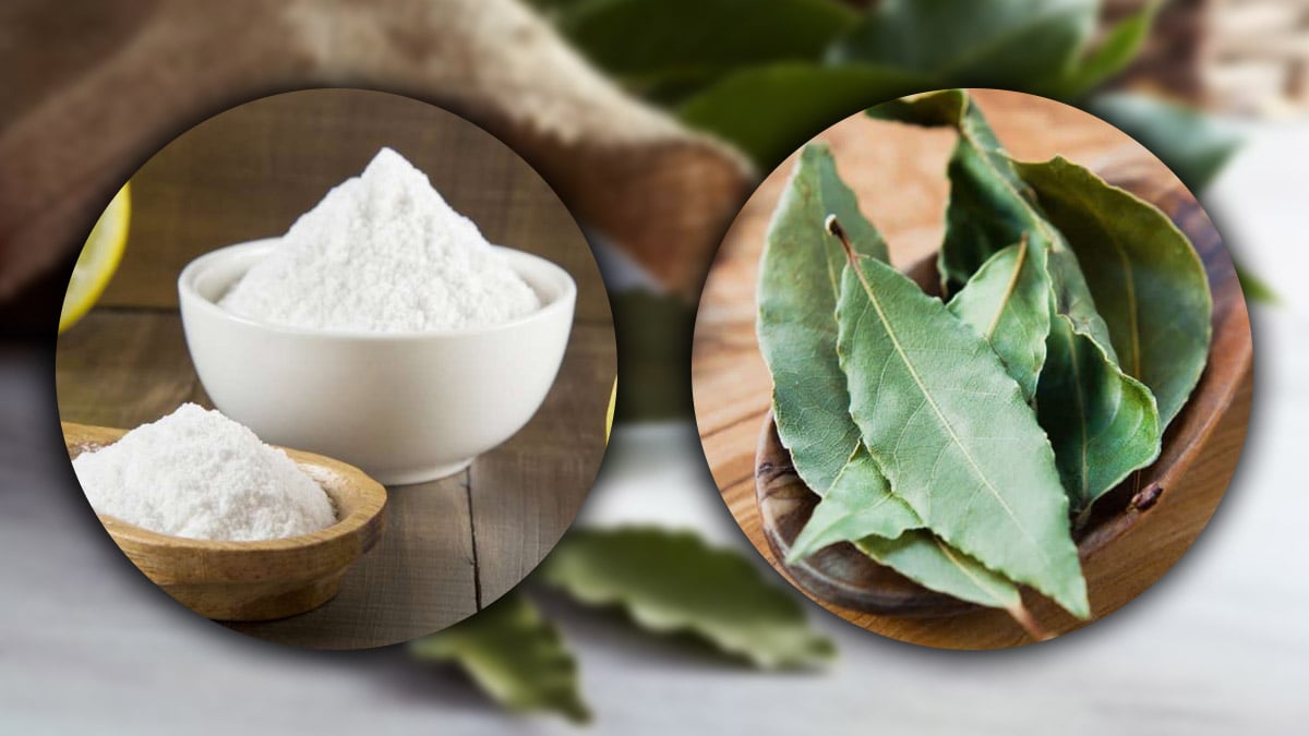 Feuilles de laurier et bicarbonate de soude dans des bols