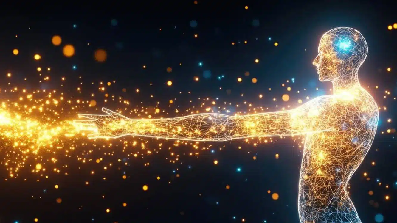 Représentation artistique de particules de lumière s'échappant d'un corps