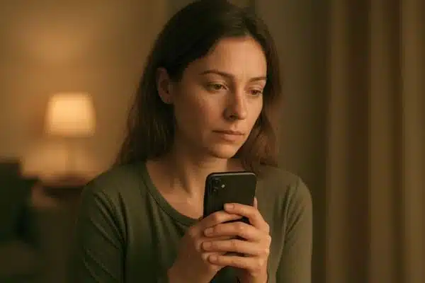 Femme regardant son téléphone avec un air sérieux