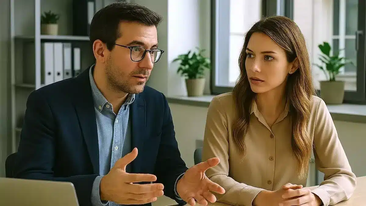 Deux femmes en discussion professionnelle, l'une semble peu enthousiaste