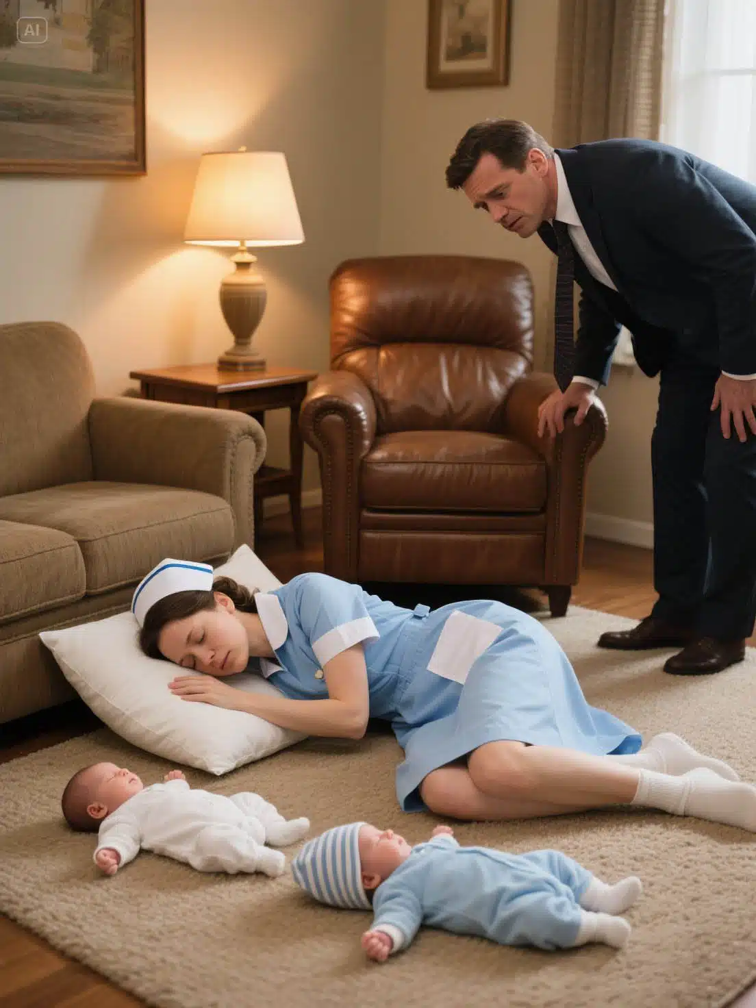 Femme endormie avec des jumeaux dans un intérieur chaleureux