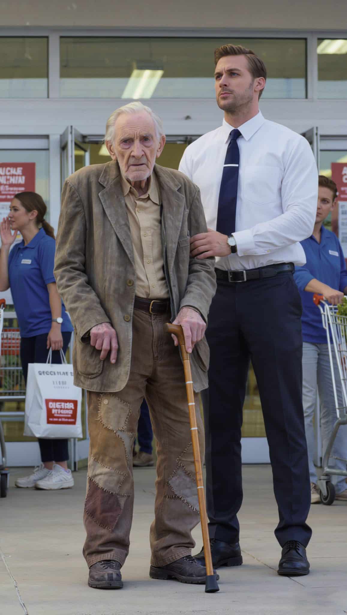 Homme âgé vêtu simplement, assis dans un environnement urbain