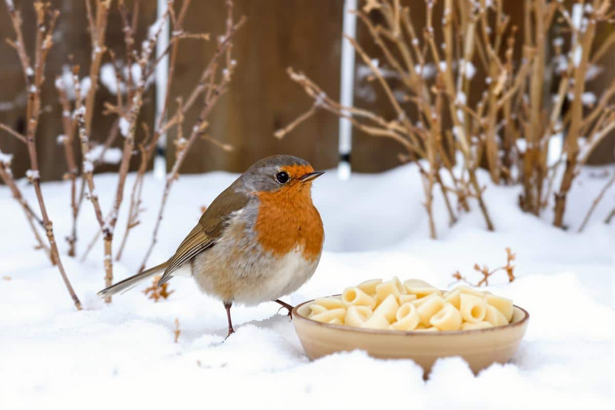 Un rouge-gorge dans un jardin enneigé, illustrant l'importance de l'aide humaine en hiver