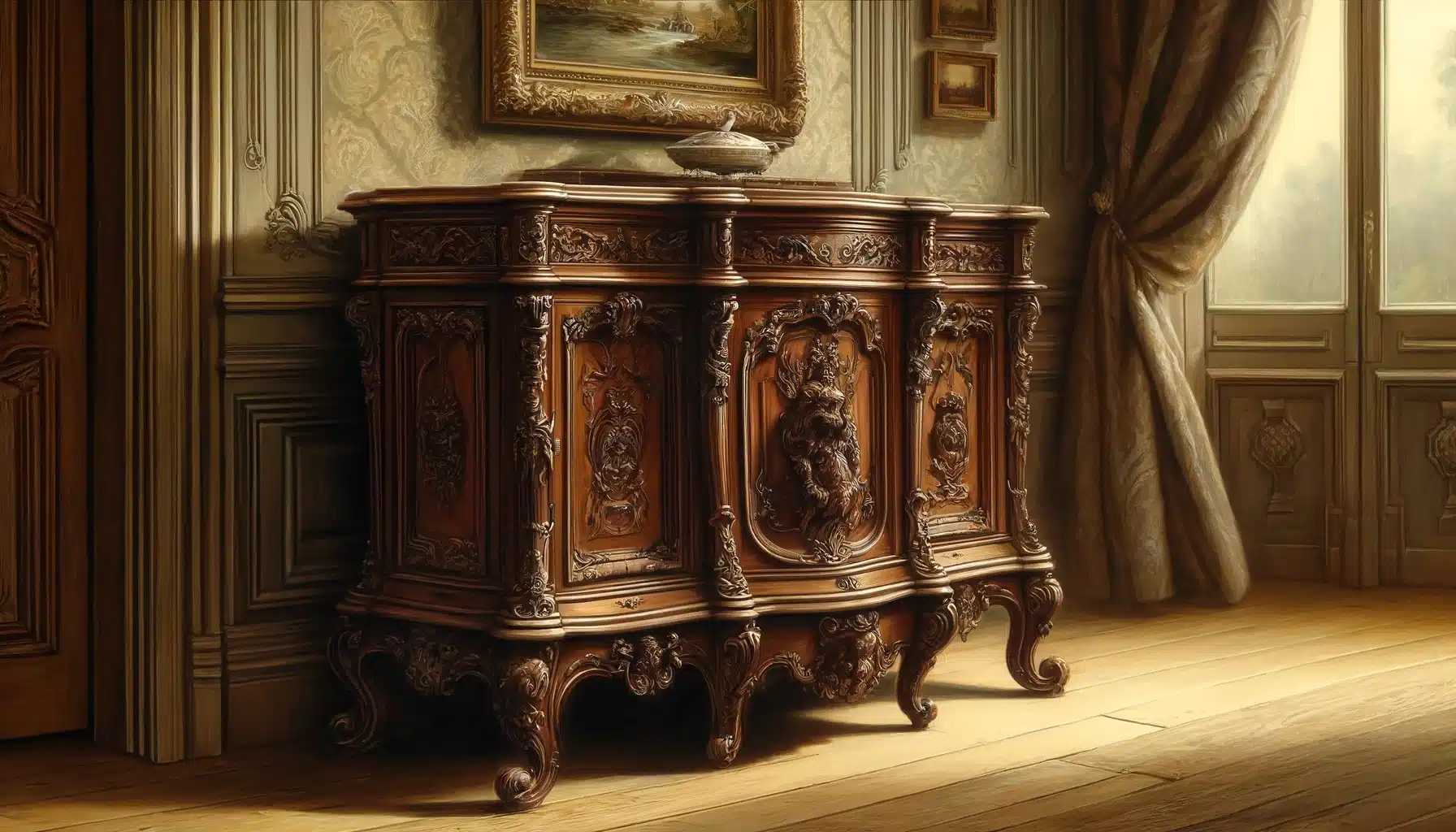 Détail d'un vieux buffet en bois massif, montrant des marques et des veines du bois sous la lumière