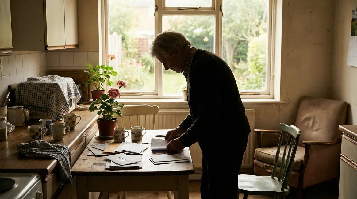 Une femme d'âge mûr, sereine, regardant par la fenêtre d'un appartement ensoleillé.