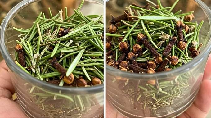 Branches de romarin et clous de girofle sur une table en bois