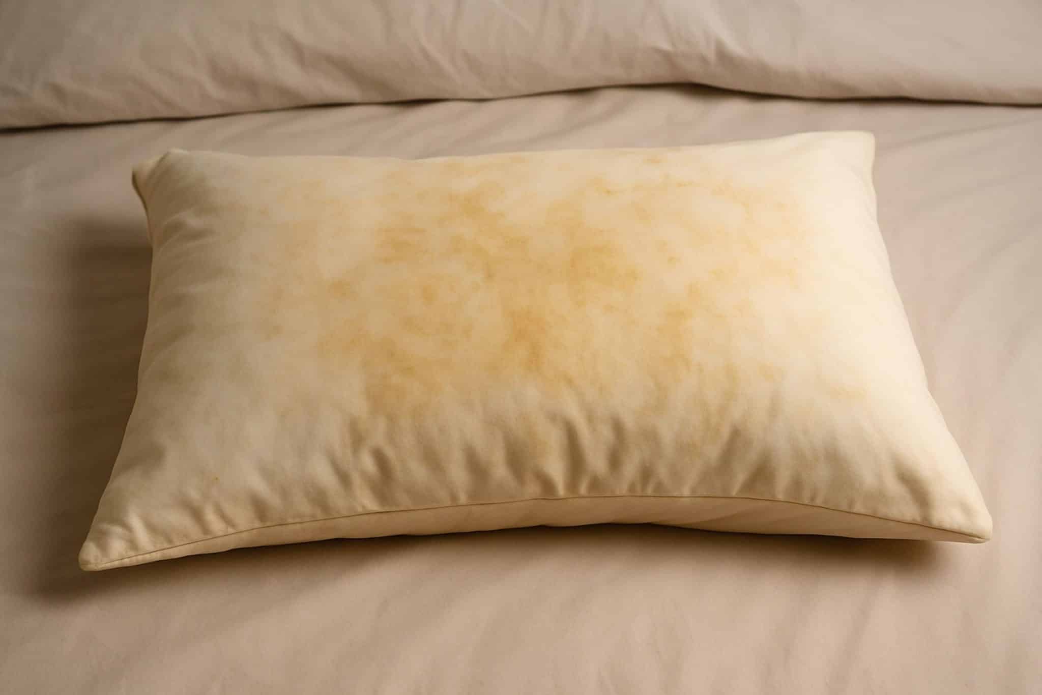 Détail d'un oreiller en cours de traitement avec un produit blanchissant