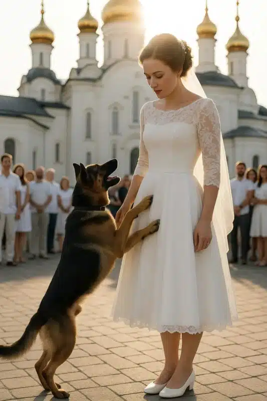 La mariée serrant son chien dans ses bras