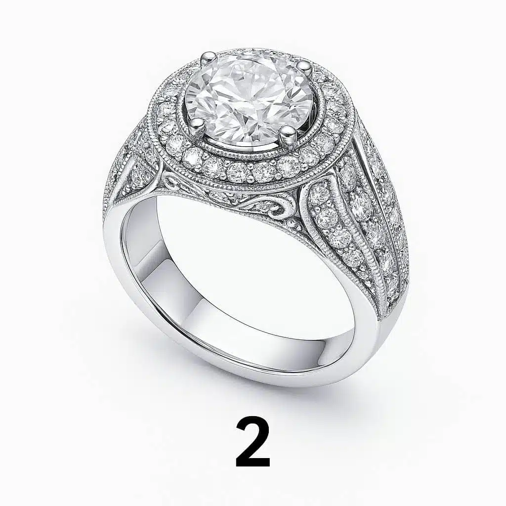 Bague halo en diamants sur fond blanc