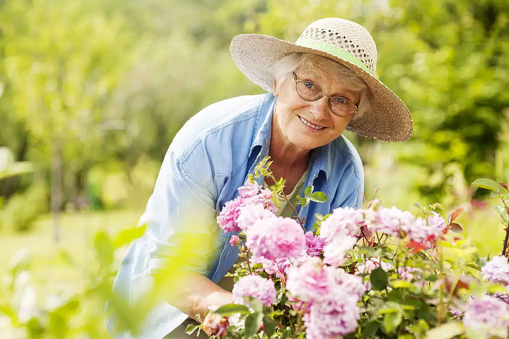 Dame âgée souriante jardinant parmi les fleurs