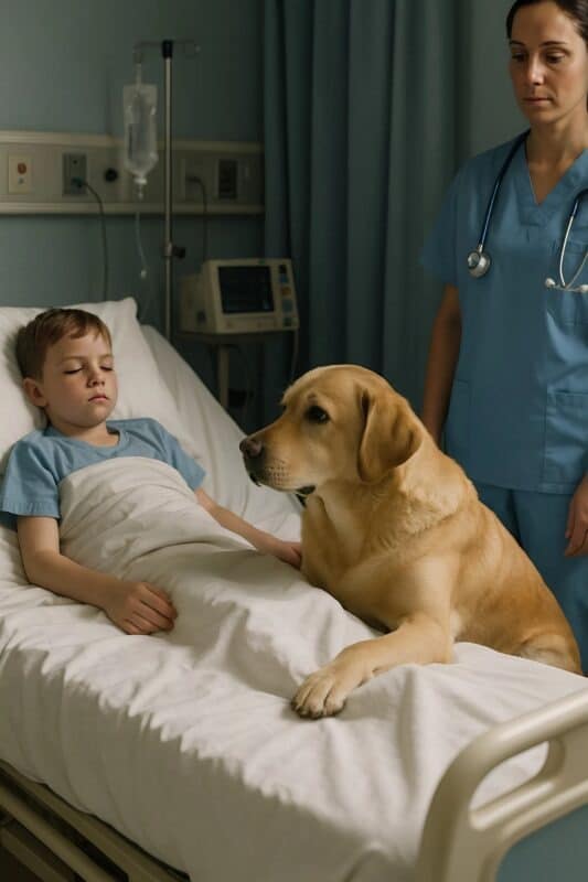 Chien posant sa tête contre un enfant alité