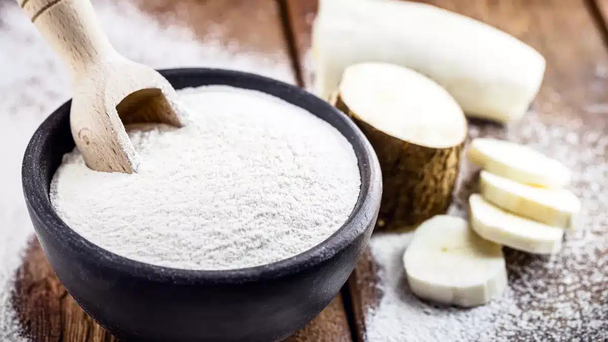 Main tenant de la farine de tapioca près d'un pot de spathiphyllum