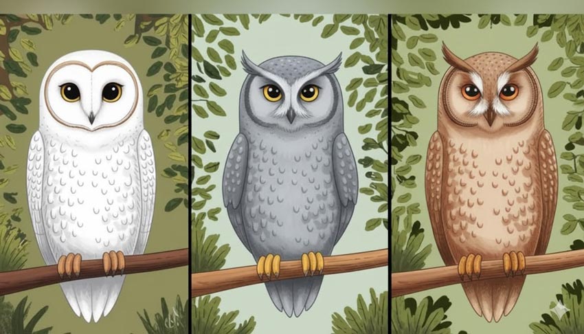 Trois hiboux aux expressions différentes