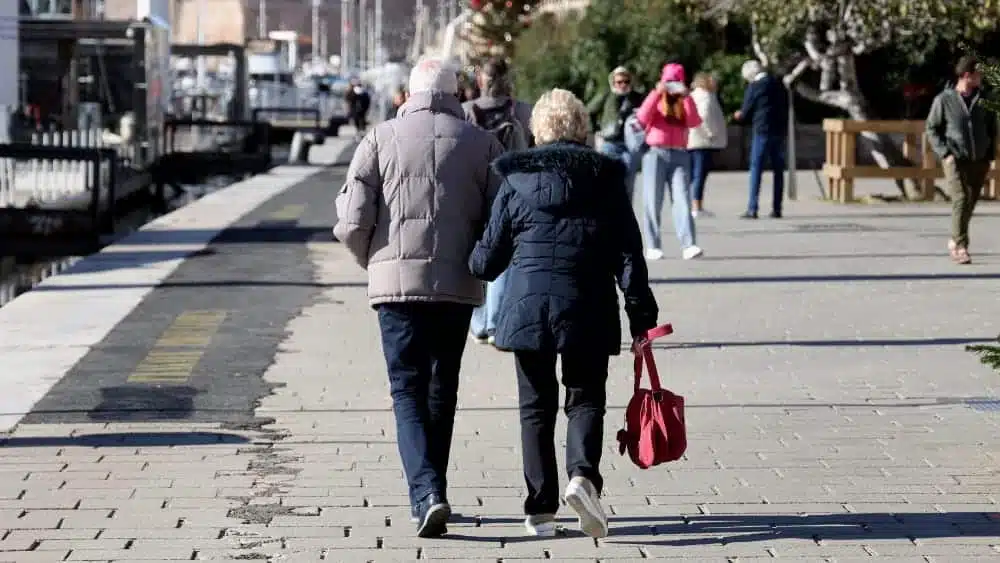 Couple âgé se tenant la main sur le port