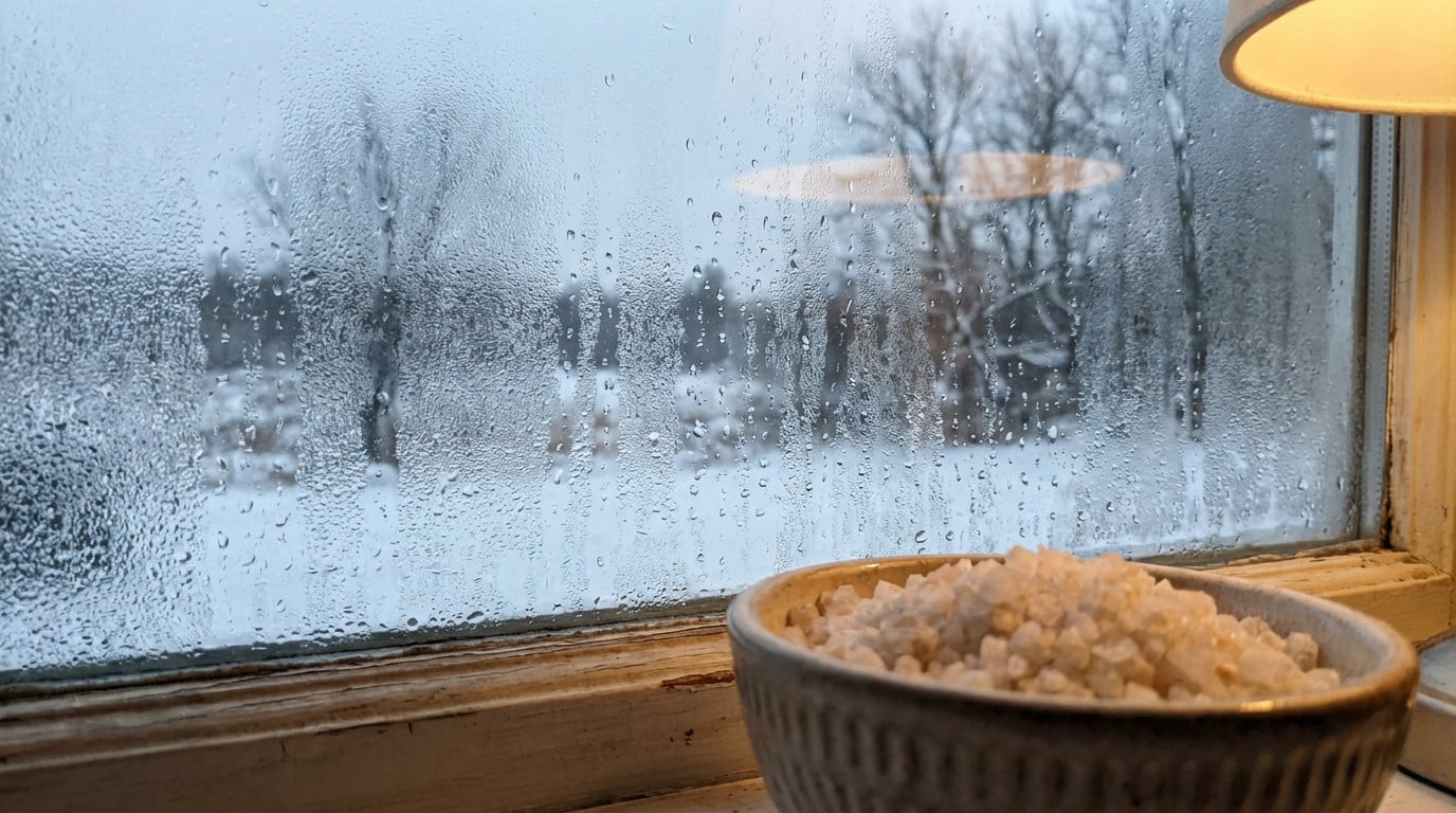 Bol de gros sel posé sur un rebord de fenêtre contre la condensation