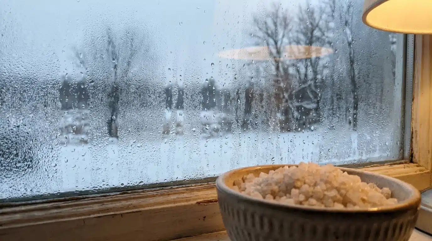 Bol de gros sel posé sur un rebord de fenêtre contre la condensation